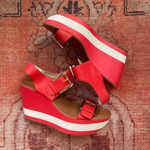 Michael Kors Red and White Platform Wedges with Gold Buckles, Size 8